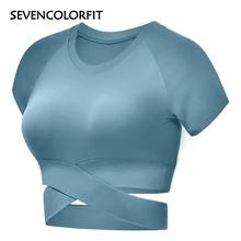 Sevencolorfit, новинка, укороченный топ для йоги, женские рубашки, для спортзала, спорта, тренировок, спортивная одежда, для фитнеса, женская футболка с коротким рукавом, укороченные топы