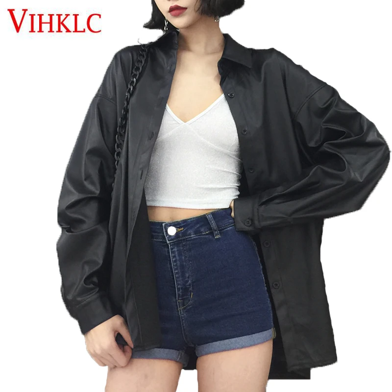 

Black Blouse Female Autumn 2018 New Korean Version Wild Fashion Long Section Imitation Leather Port Wind Shirt Female Casual Z69