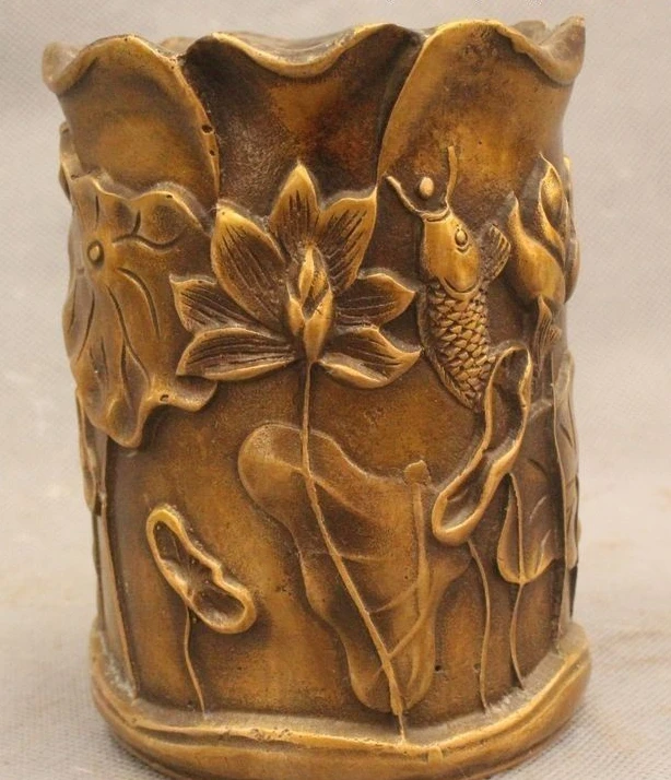 

5" Marked Chinese Dyansty Palace Copper lotus Flower Cyprinoid Pot Pencil Vase