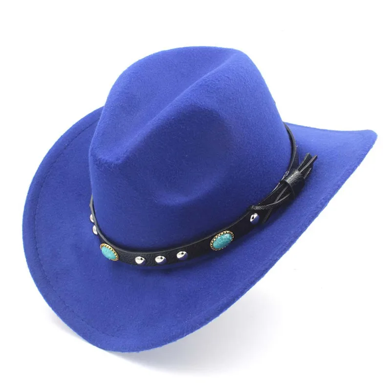 Для женщин Для мужчин Шерсть полые западная ковбойская шляпа джентльмен чувствовал в ковбойском Стиле Джаз для конного спорта сомбреро Размеры окружности головы 56-58 см S35 - Цвет: Blue