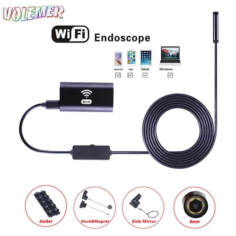 

Volemer Endoscope Wifi Soft Wire 8Mm Lens With 6 LED HD Endoscope Camera Mini Waterproof Soft Cable For Iphone Flexible Camera
