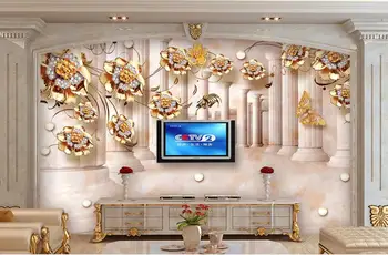 

3D Wallpaper For Walls 3 D Golden Rose flower vine Wallpapers For Living room Kids room Stone Roman Column TV Backdrop