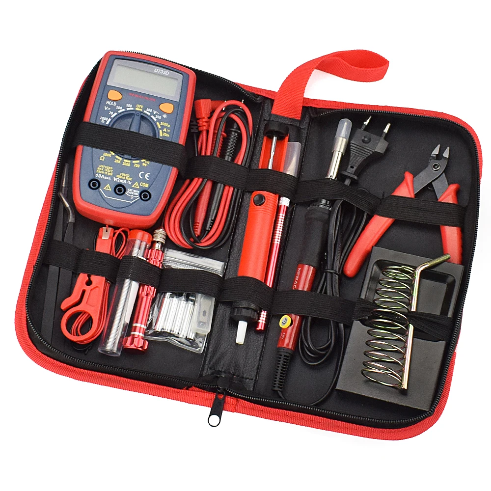 NEWACALOX EU/US 60W Electric Soldering Iron Kit Digital Multimeter Tweezers Plier Desoldering Pump Solder Welding Repair Tools