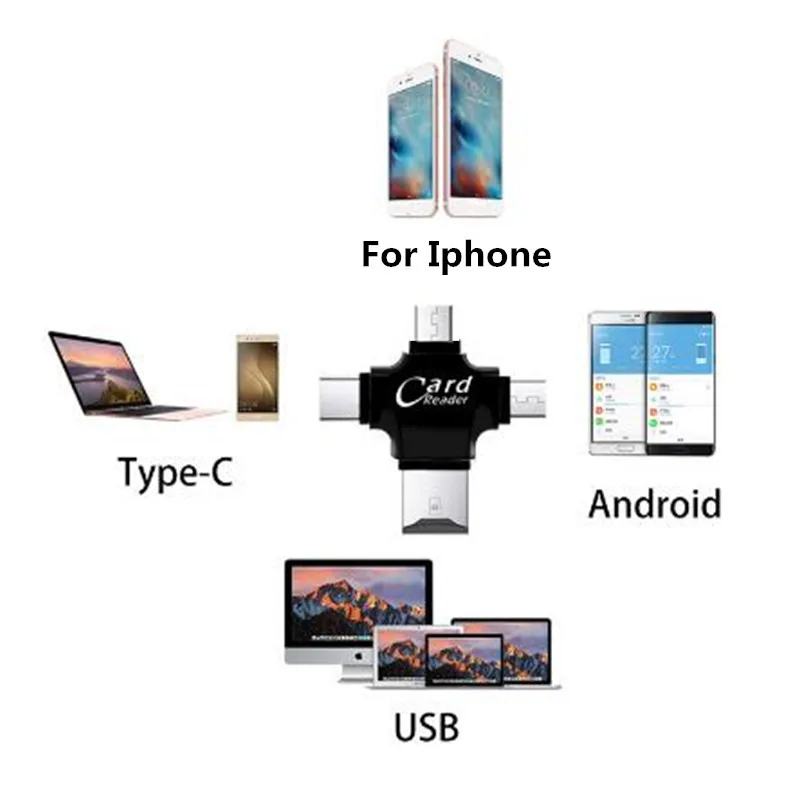 4 в 1 тип-c/8pin/Micro USB/USB 2,0 считыватель карт памяти Micro SD кардридер для Android Ipad/iphone 7 plus 6s5s OTG кардридер