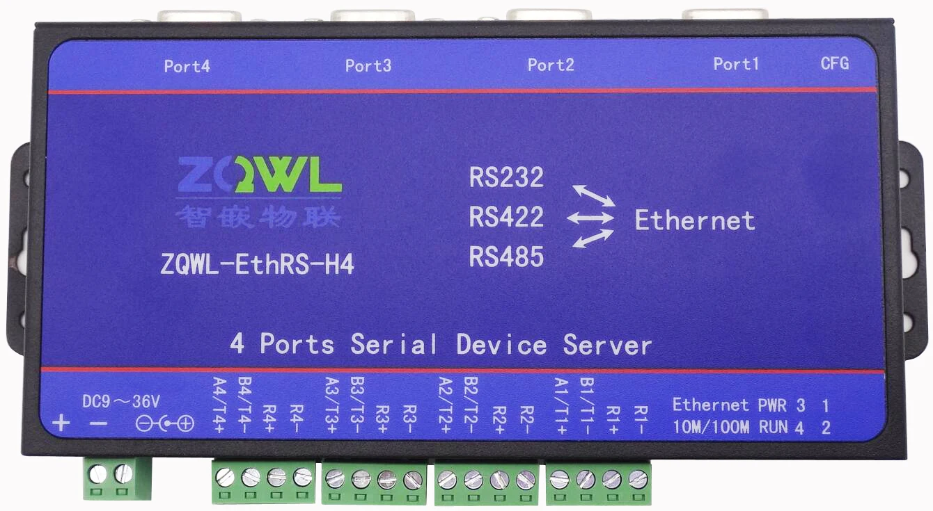 4 Ports Serial Device Server RS232 RS485 RS422 to Ethernet Modbus RTU to Modbus TCP Converter Gateway 9~36V