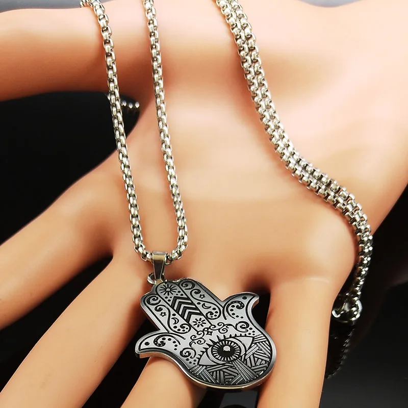 2020 Hamsa Hand Stainless Steel Necklaces Men Black Silver Color Necklaces Pendants Jewelry collier homme N18536 - Image 5