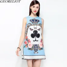 

Runway Summer Dress 2018 New Brand Fashion Elegant Women Sleeveless Vintage Print Sequines Beading Party Dress Vestido De Festa