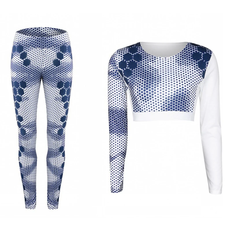 

New Fashion Women Fitness Leggings Pants Gym Bodybuilding Long Sleeve Crop Tops Tight Trousers Workout Suits