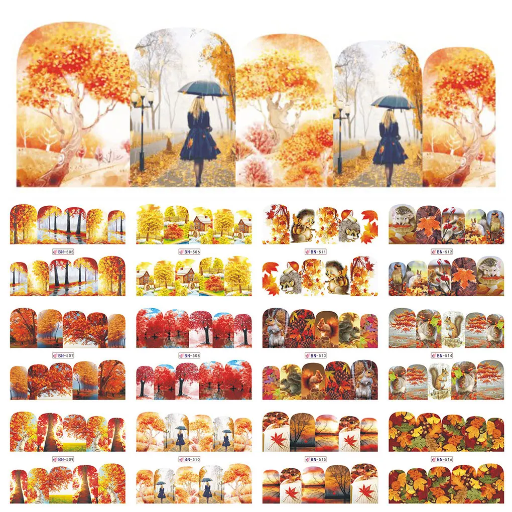 

2 Sheets 12 Designs/Sheet Autumn Style Maple Leaf Nail Sticker 3D DIY Fall Season Tree Leaves Manicure Decals