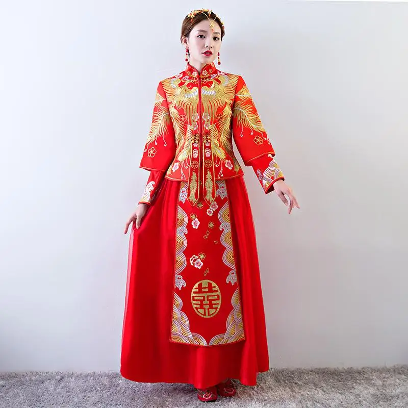 Восточное сценическое шоу одежда вышивка для женщин Cheongsam Феникс китайская Невеста Qipao Изысканный свадебный костюм Размер XS-XXL - Цвет: Phoenix