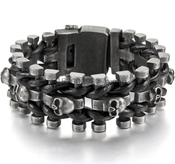 

30PCS Wide skull skeleton leather bracelet for men with stainless steel cuff loom brands Belt Buckle