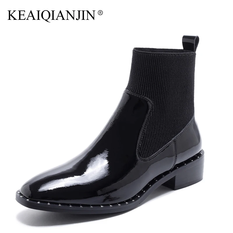 

KEAIQIANJIN Woman Genuine Leather Martens Boots Black Autumn Winter Square Toe Shoes Fashion Rivet Patent Leather Ankle Boots