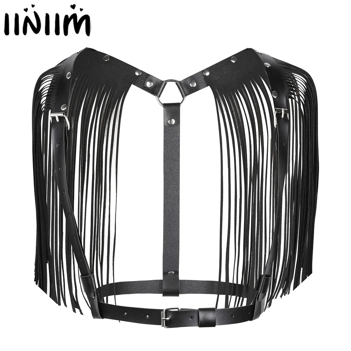 

Women PU Leather LED Tron Dance Wear Dancing Tops Adjustable Body Chest Harness Bondage Belt with Shoulder Tassel Night Clubwear