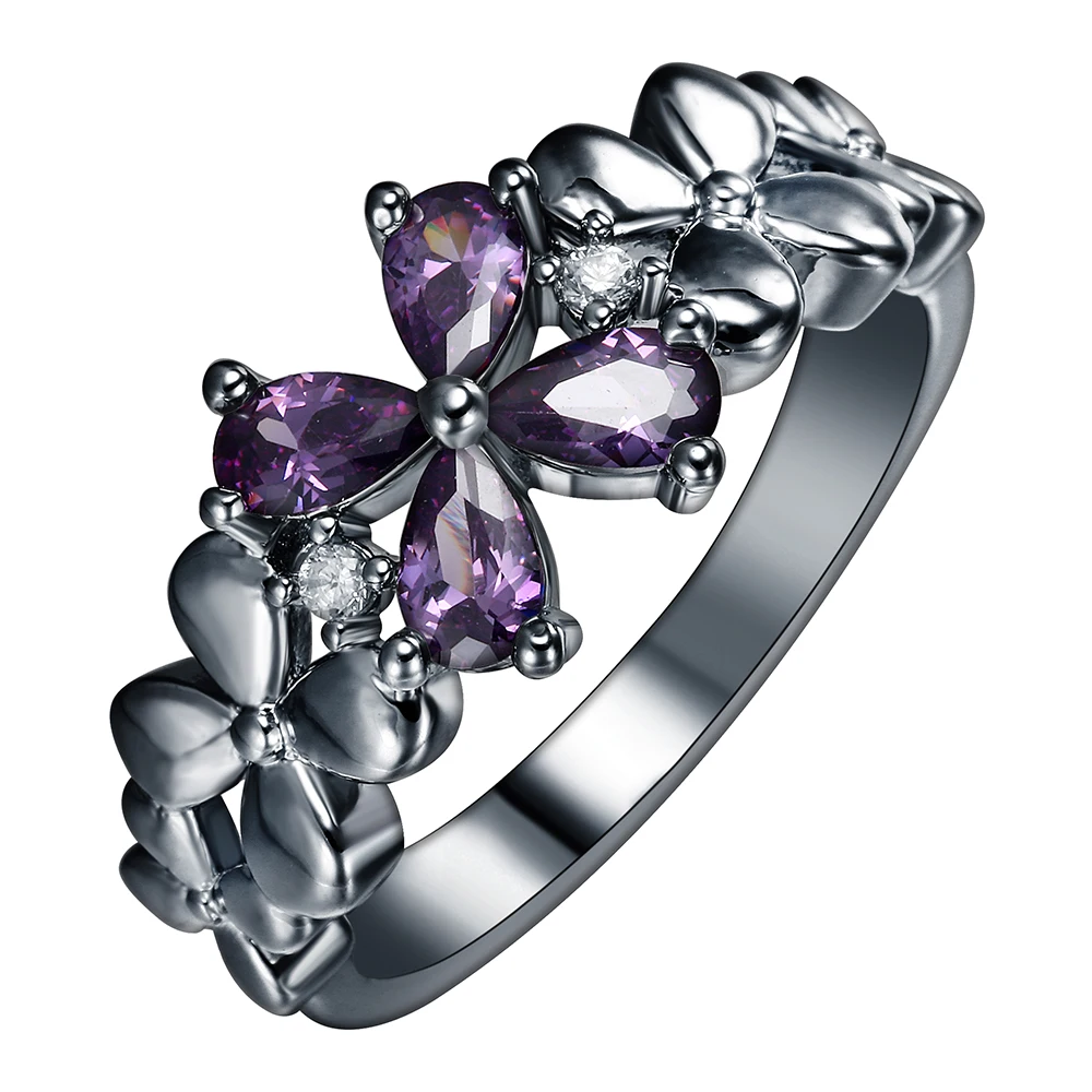 Flower shaped purple round gem silver plated ring inlaid purple gem and ...