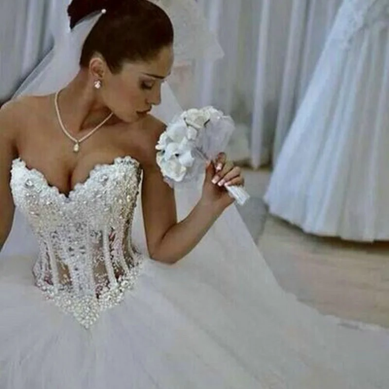 2015 Vestido De Noiva сердечко корсет Свадебные платья прозрачные романтичные с жемчугом