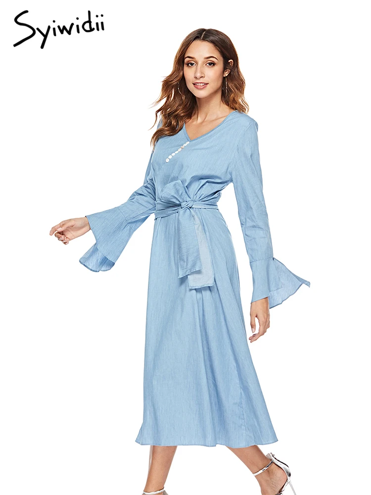 Sky Blue Demin Midi Dress Flare Long Sleeve Cotton Dress V Neck Lace Up Casual Split Dresses 2019 New Summer Autumn Jeans Dress