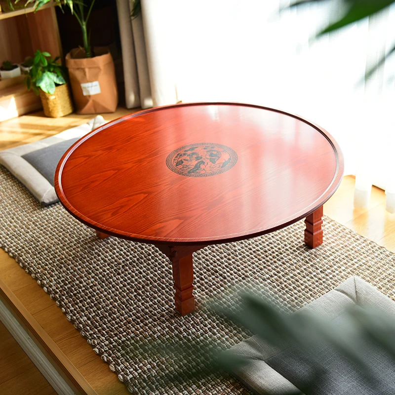 60-100cm Round Korean Coffee Table Folding Leg Asia Antique Furniture Floor Table for Dinning Traditional Living Room Wood Table