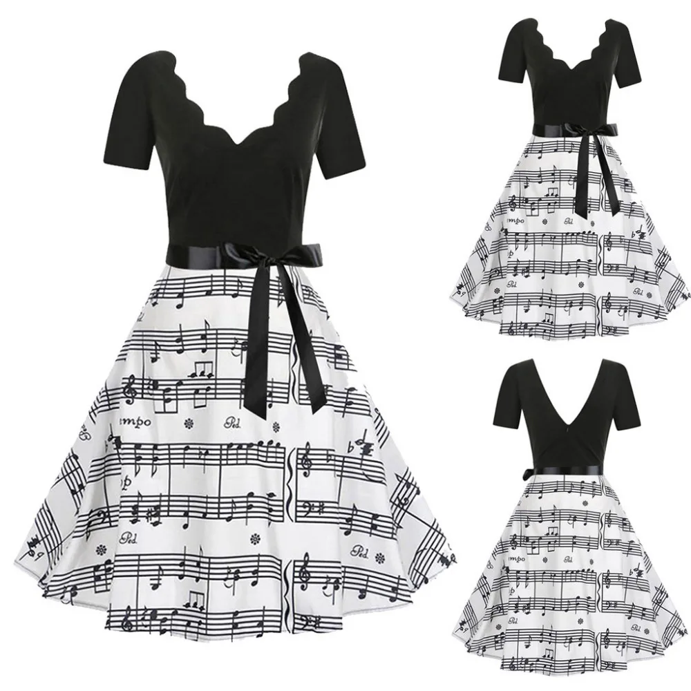 

Fashion Women Short Sleeve Fashion Print Vintage Flare Note Party And Dress Elbise Vestido De Festa Longo Sukienka