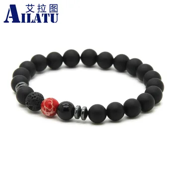 

Ailatu 10pcs/lot Top Quality 8mm Natural Matte Onyx Stone with Blue, Red, Purple Sea Sediment Imperial Beads Lucky Bracelet