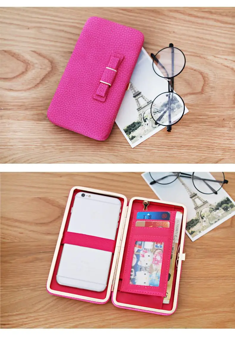 Портативный Женский Длинный кошелек-клатч с бантиком для девушек, большой вместительный кошелек, сумка с карманом для мобильного телефона
