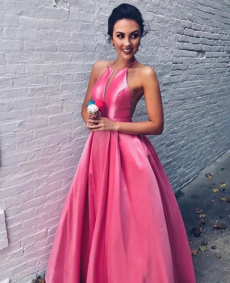 Abiye Gece Elbisesi Halter Evening Dresses Long Satin Formal Dress with Pockets Robe De Soiree Vestidos De Festa