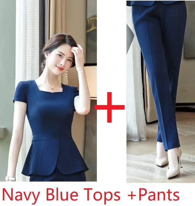 Формальные комплекты из 2 предметов, женские брючные костюмы со штанами и топами, летняя мода, темно-синие женские блейзеры, костюмы с шарфом - Цвет: Navy Blue