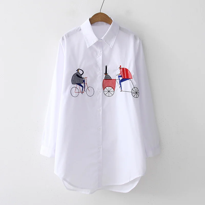 Summer Cartoon Embroidery Women Long Blouse 2019 Cotton Cat Bike Full Sleeve Turn Dwon Collar Loose Sweet Female Sexy Lady Shirt