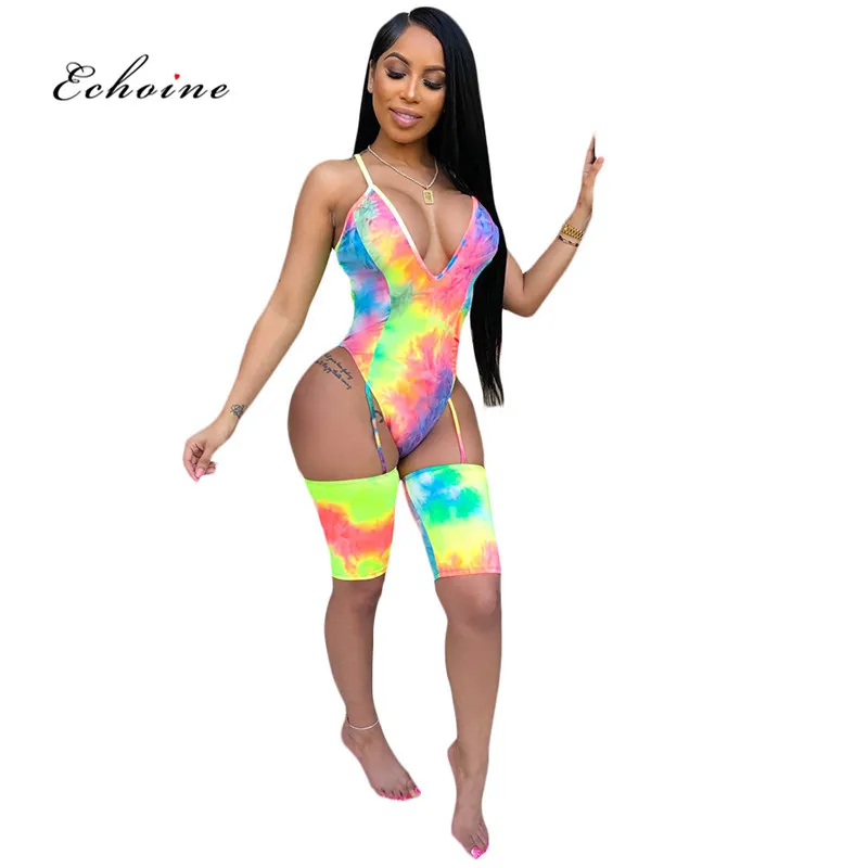 

Echoine Jumpsuit Women Sexy Spaghetti Straps Bodysuit Tie-Dye Printed Cross Strap Backless Cut Out Sheath Shorts Pants Sportwear