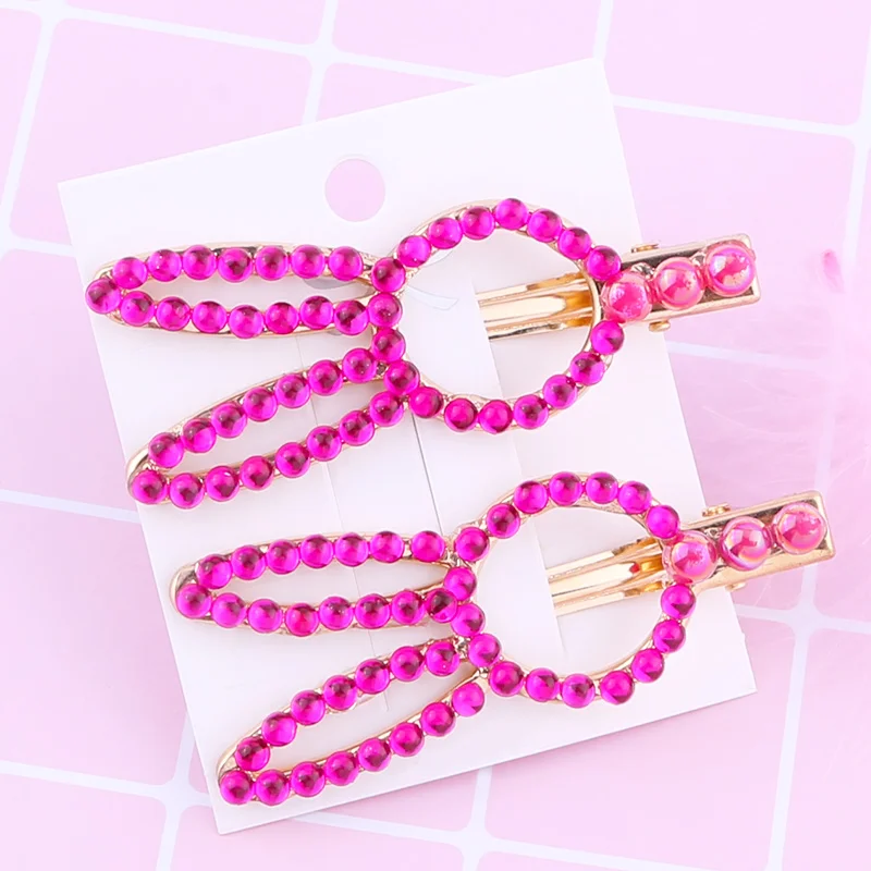 2pcs/set 7.5cm Shiny Rabbit Duckbill Clip Cute Little Girl Hair Styling Tool Rhinestone Rabbit Ears Hairpin to Girl Baby Child - Цвет: rose red rabbit