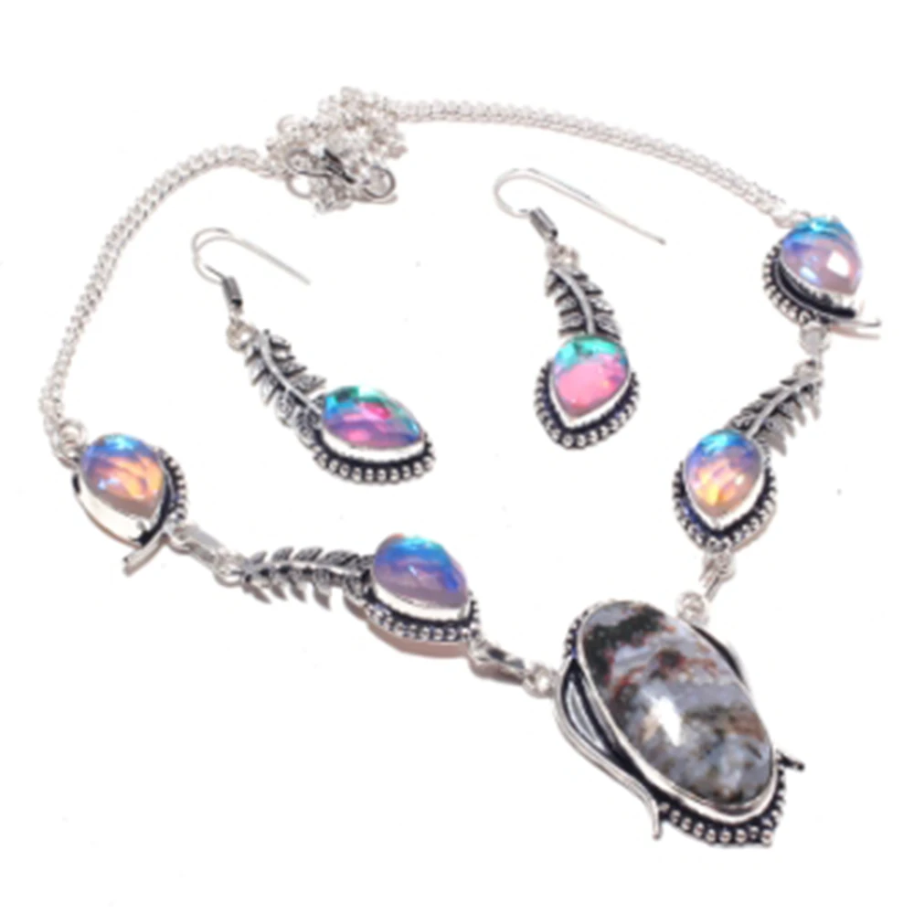 

Ocean Jaspers,Rainbow Topas Necklace + Ering Silver Overlay over Copper , 48.5 cm, N4066