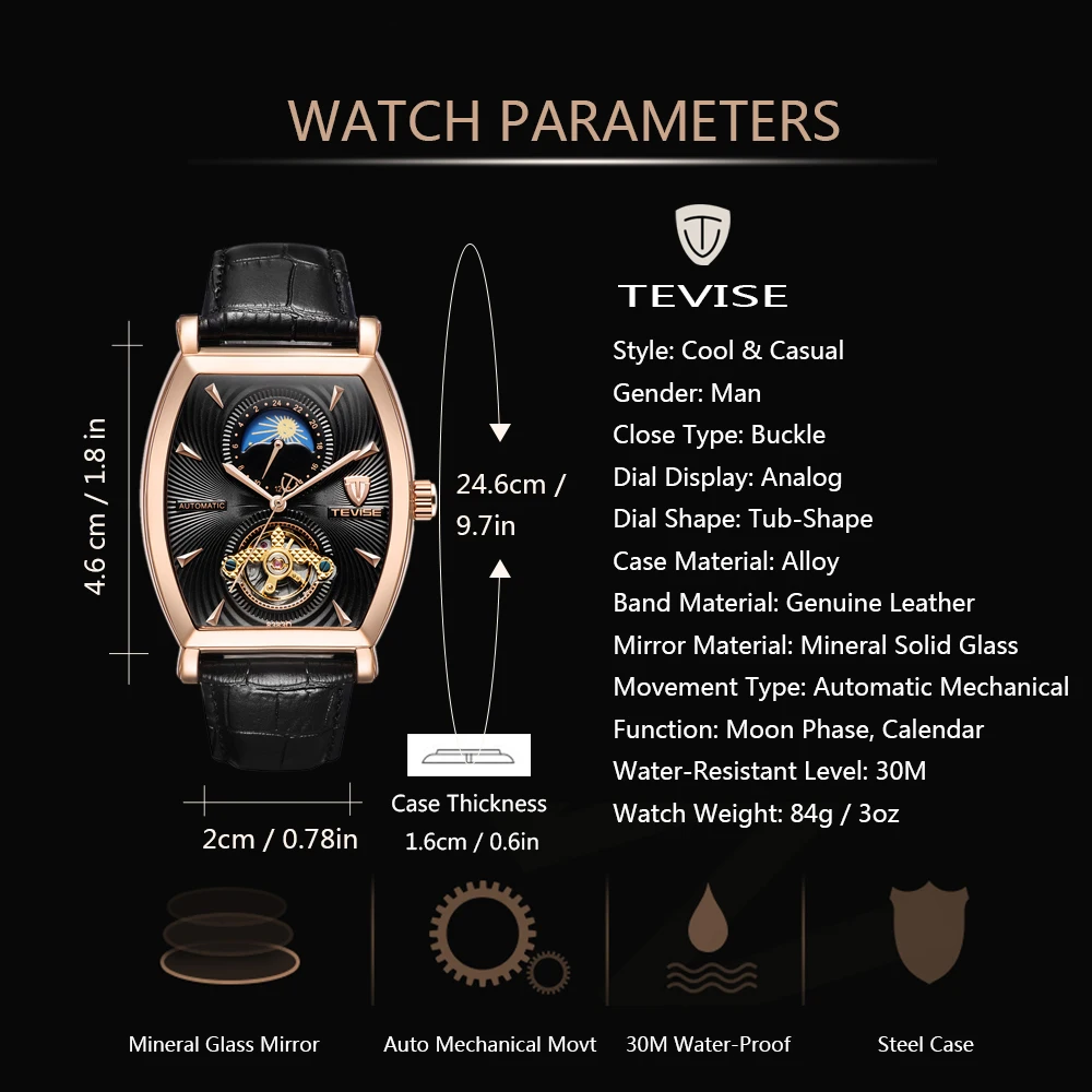 TEVISE Mens Watches Tonneau Moon Phase Automatic Watch Waterproof Self-Wind Mechanical Wristwatches Leather Strap + Box 8383D (15)