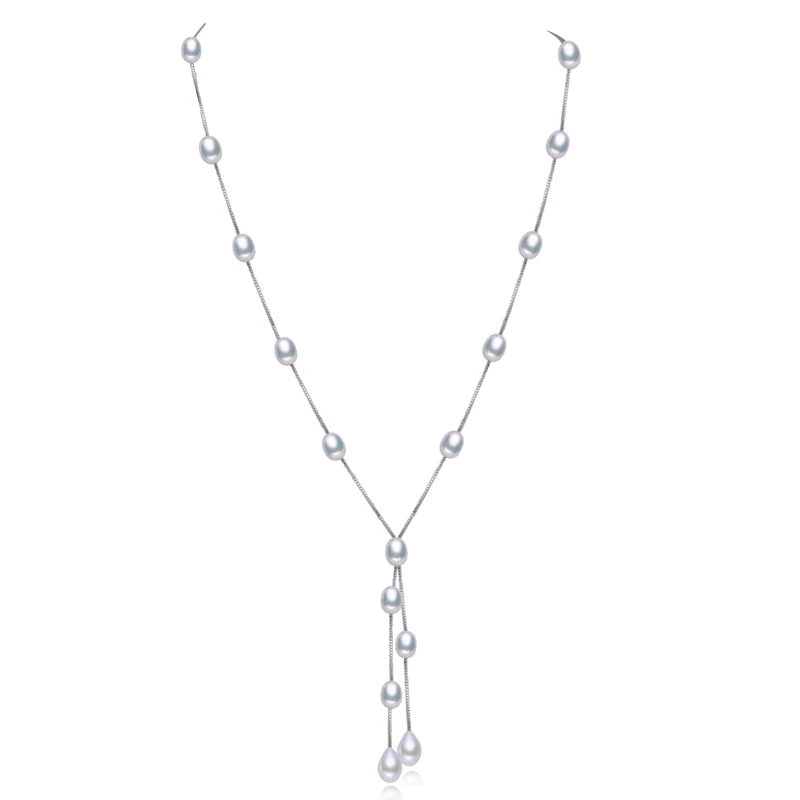 YIKALAISI цепочка из стерлингового серебра 925 пробы натуральный пресноводный жемчуг двойная полоса длинное ожерелье Модные ювелирные изделия для женщин 7-8 мм Жемчуг