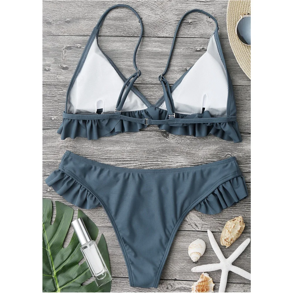 ruffle padded plunge bikini set