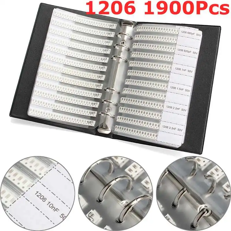 

NEW 1206 SMD SMT Chip Capacitors Sample Book 38ValuesX50Pcs Total 1900pcs 10PF~22UF Capacitor Assorted Kit