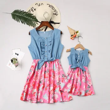 

2019 Hotsales Famliy Clothes Parents Kids Sleeveless Dress Girls Fashion Floral Dress Choose sizes 5pcs/lot