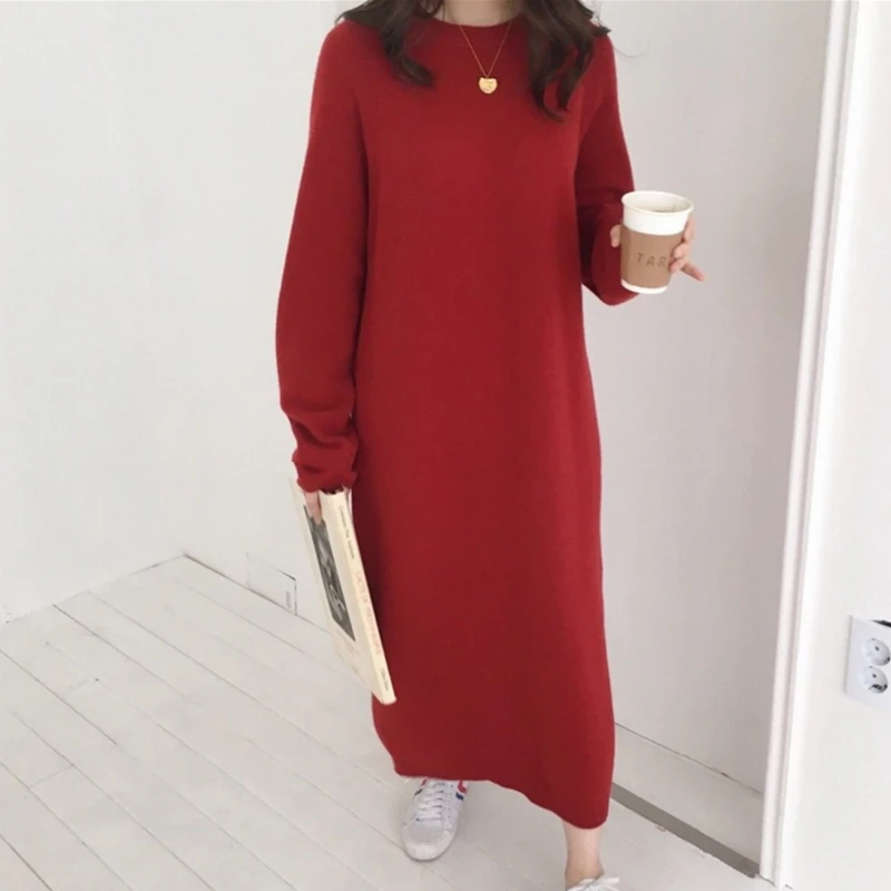 Женское зимнее длинное платье-свитер с длинным рукавом, Женский пуловер, прямая трикотажная однотонная Корейская одежда размера плюс, женская одежда