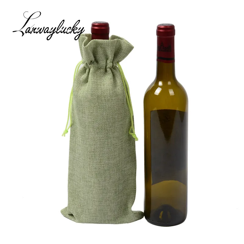

10pcs/lot 15x35cm Drawstring Gifts Bags Hessian Rustic Burlap Jute Wine Bags Wedding Christmas Party Favors Wine Bottle Pouches