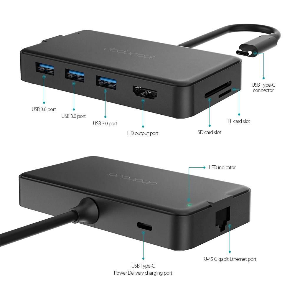 Dodocool 8 в 1 взаимный обмен данными между компьютером и периферийными устройствами C концентратор с Тип-C PD зарядки Порты и разъёмы видео в формате 4K HDMI RJ45 Gigabit Ethernet адаптер SD/TF Card Reader устройство чтения карт USB 3,0 концентратор