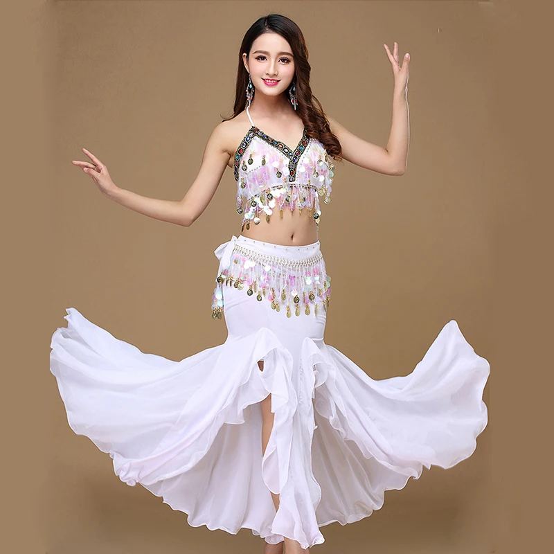 10 Colors Belly Dance Skirt Costume Women Uniform Coins Tops for Slim Gilrs  Bellydance Sequins Beaded Outfits Bra Belt Skirt