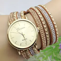 Relojes mujer 2015 известный бренд ЖЕНЕВА модные женские туфли платье часы длинный кожаный ремешок дамы браслет Кварцевые часы montre femme