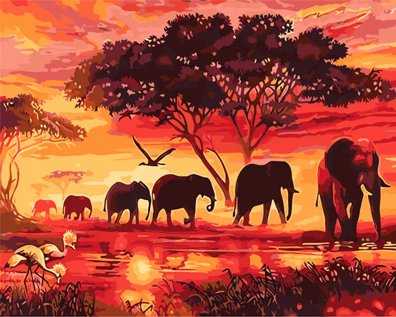 Elephants Landscape DIY Digital Painting By Numbers Modern Wall Art Canvas Painting Unique Gift