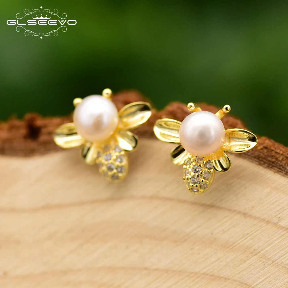 

GLSEEVO 925 Sterling Silver Natural Pink Stone Bee Stud Earrings Party For Women Wedding Stud Earrings Fine Jewelry GE0641