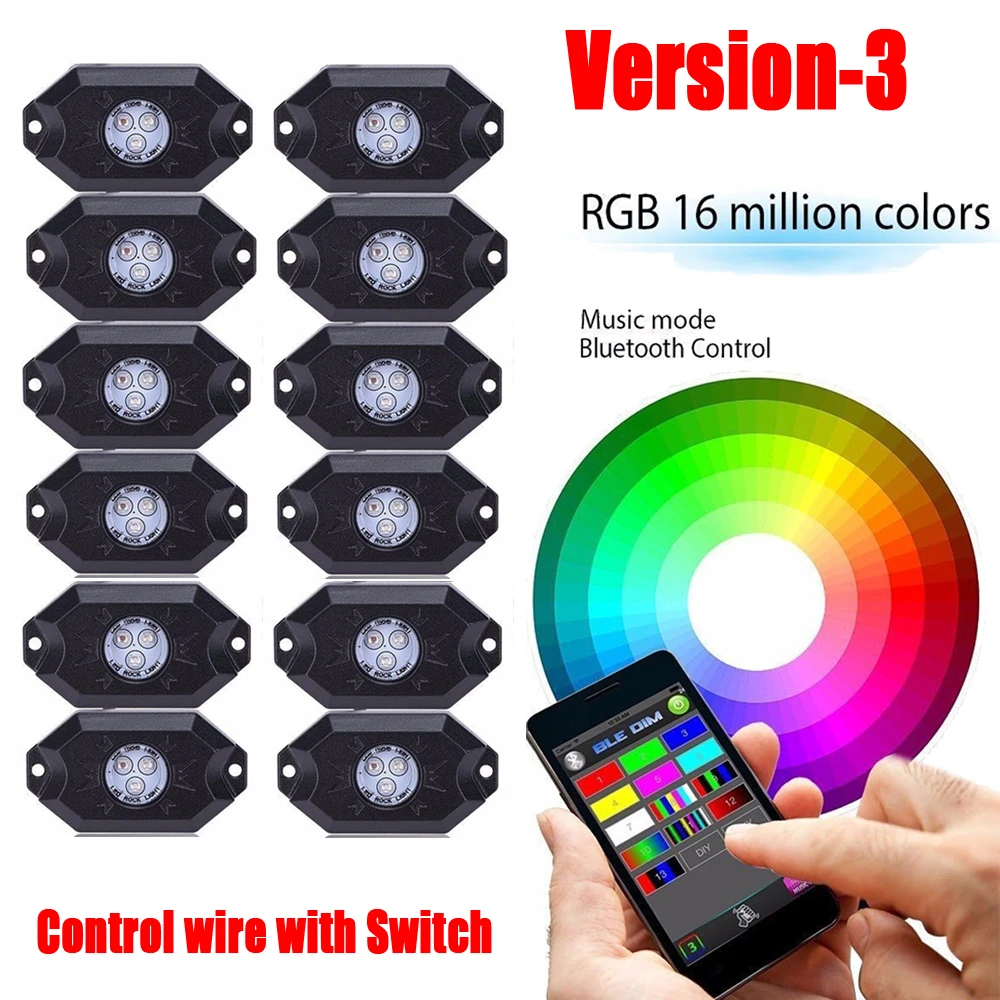 12 Pods RGB Led Rock Lights Multicolor with Bluetooth App Control