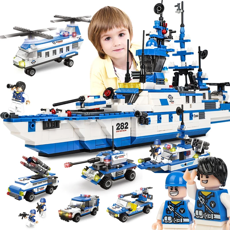 

6 in 1/8 in 1 City Police Series Building Blocks Warship /Figures/Tank/ Aircrafted Compatible With Legoed City
