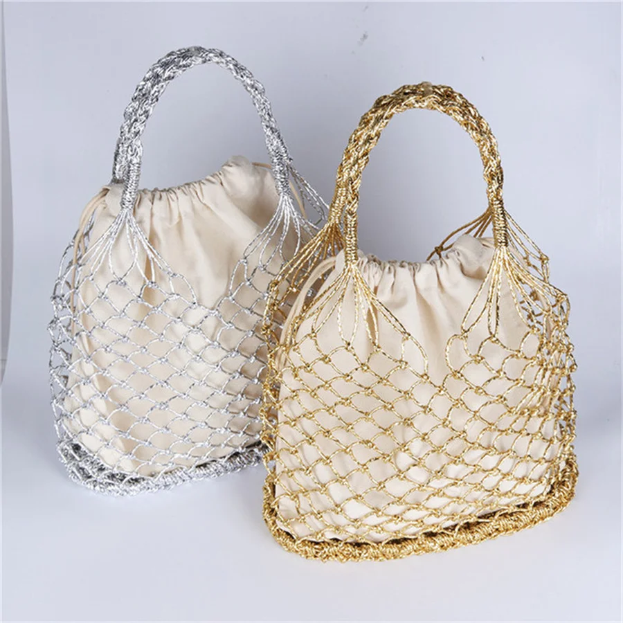 

Chic Gold Silver Hollow Straw Bags Women Totes Designer Luxury Rattan Weave Female Handbags Wiker Buckets Summer Beach Purses