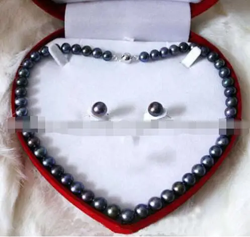 

Free Shipping >>>>>8-9MM BLACK SALTWATER AKOYA CULTURED PEARL NECKLACE 18"Earring M11