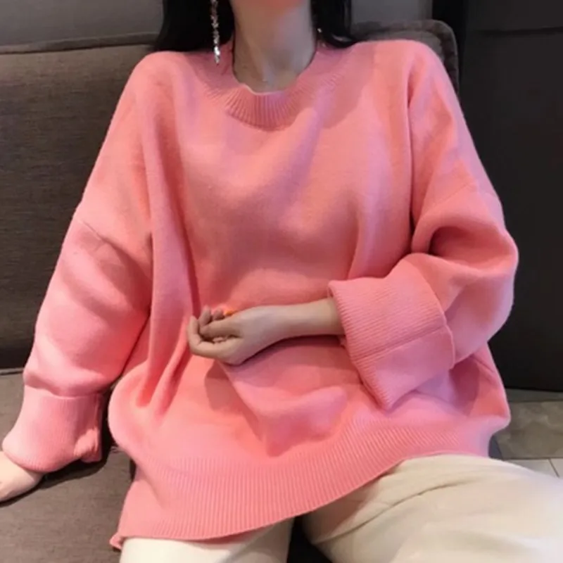 

New 2018 Candy-colored Sweet Pink Sweater Female Autumn Winter Large Sleeves O-Neck Long Loose Korean Knit Tops Women Jumpers