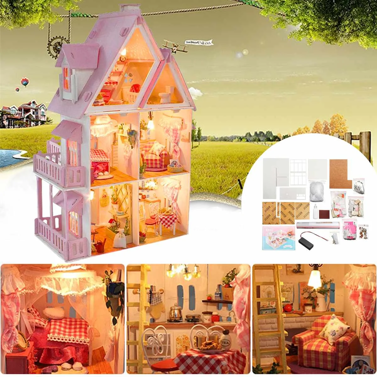 

DIY Wooden Dolls House Miniature Box Handmade LED Light Miniature Dollhouse Furniture Doll House Accessories For Children Gift