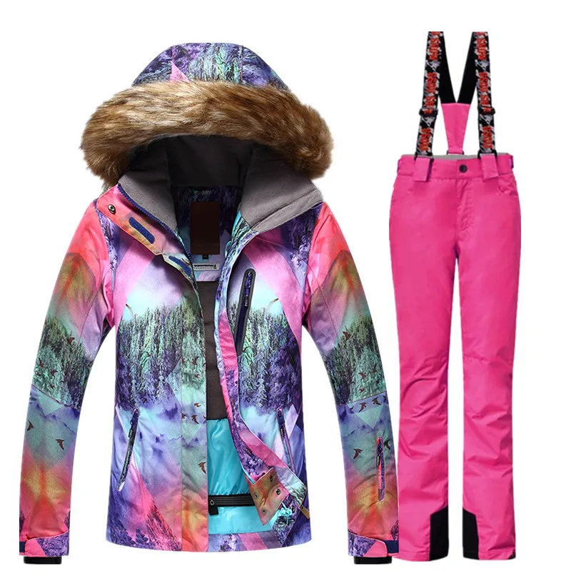 GSOU Снежный бренд лыжный костюм Женская лыжная куртка брюки Водонепроницаемый Горный лыжный костюм сноуборд наборы зимняя уличная спортивная одежда - Цвет: ROS