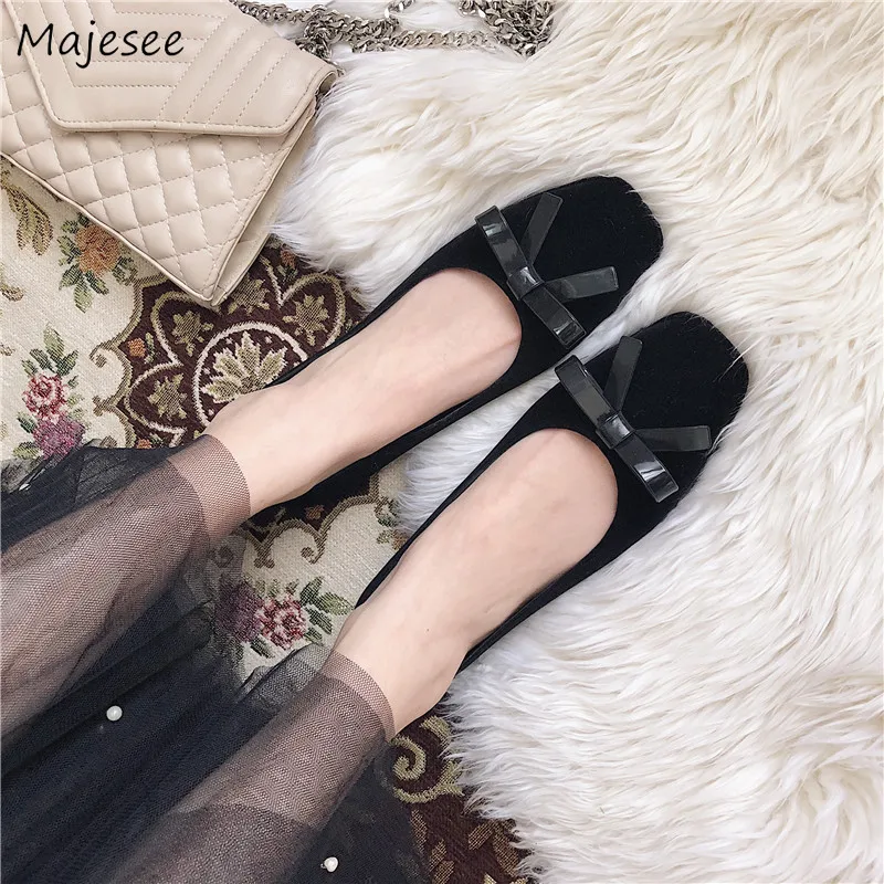 Flats Women Korean Style Butterfly-knot Cute Flat with Womens Leisure Retro All-match Flock Soft-bottom Simple Outside Female
